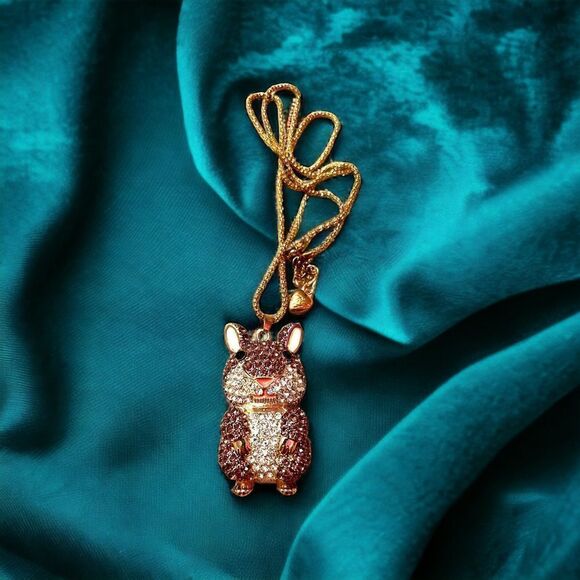 Vintage Betsey Johnson Big Rhinestone Bunny Rose Gold Tone Necklace - Picture 2 of 6